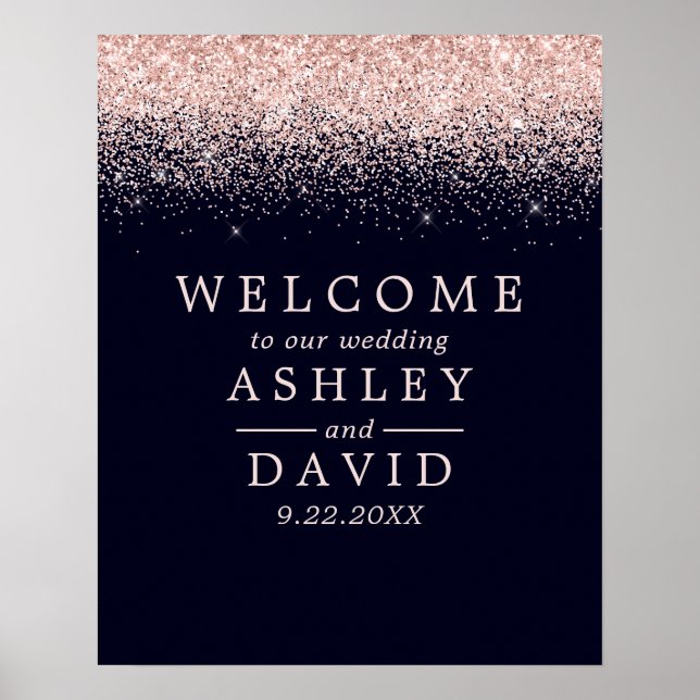 Affiche Rose Gold Confetti Marine Blue Chic Mariage Bienve (Devant)