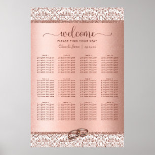 Affiche Rose Gold Damask Elegant Wedating Seating Chart