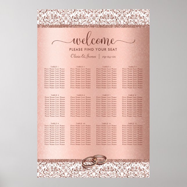 Affiche Rose Gold Damask Elegant Wedating Seating Chart (Devant)