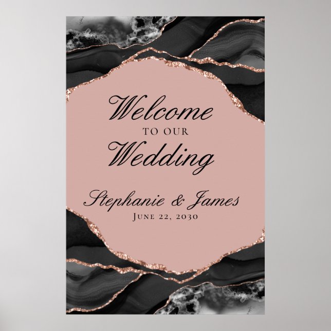 Affiche Rose Gold Élégant Feuille d'Agate Mariage Bienvenu (Devant)