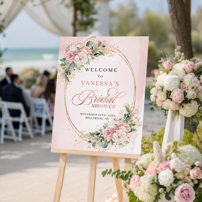 Affiche Rose Gold Élégant Fleurs de Mariage Accueil  (Elegant Blush Pink Floral Eucalyptus Gold Welcome Sign)