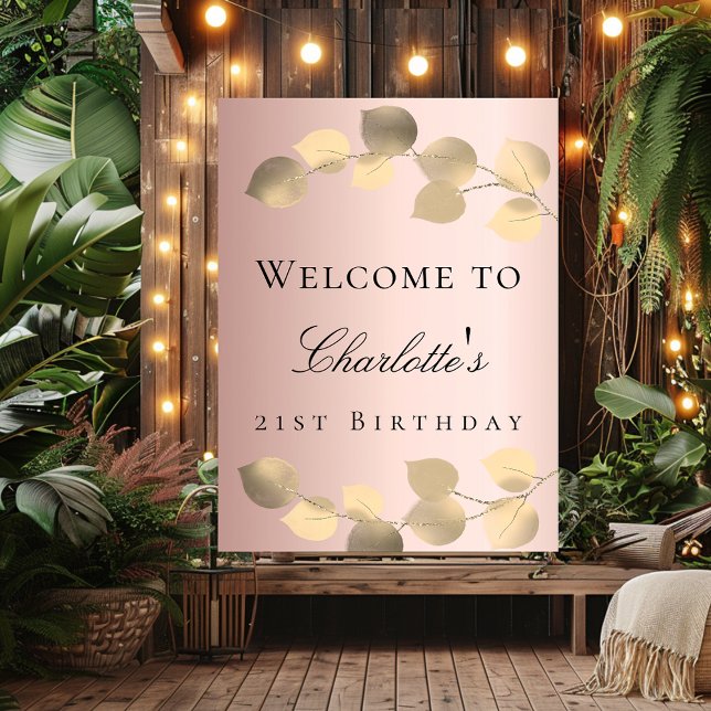 Affiche Rose gold eucalyptus doré Bienvenue d'anniversaire (Créateur téléchargé)