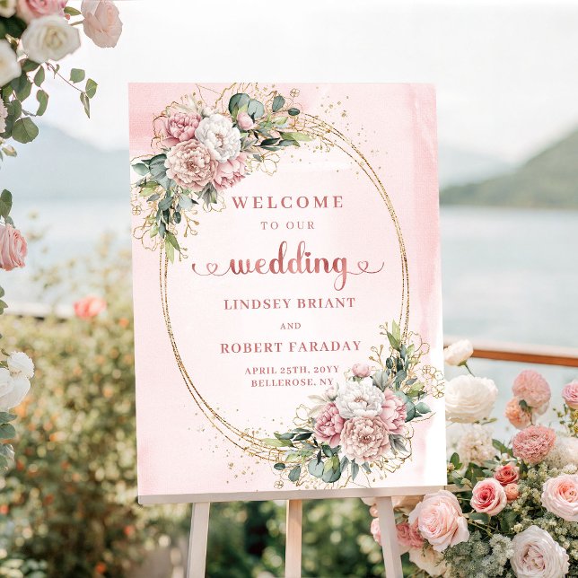Affiche Rose Gold Floral Chic Mariage Accueil (Chic Blush Pink Rose Gold Floral Wedding Welcome

)