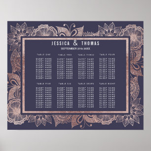 Affiche Rose Gold Floral et Marine Blue Seating Chart