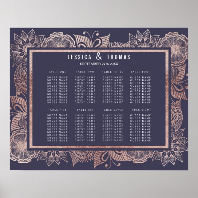 Affiche Rose Gold Floral et Marine Blue Seating Chart (Devant)