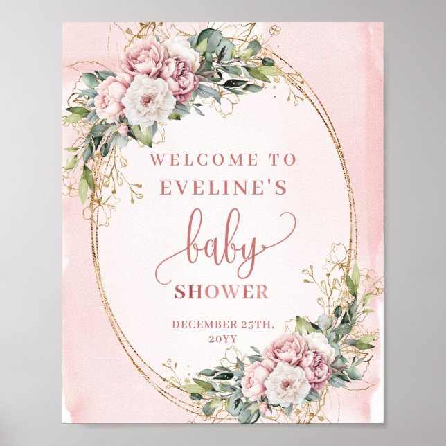 Affiche Rose Gold Floral Eucalyptus Welcome Baby Shower  (Devant)