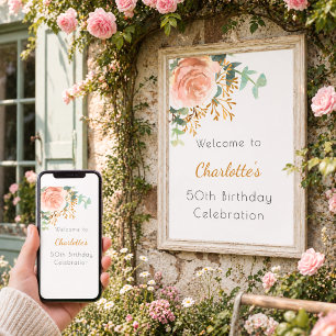 Affiche Rose gold floral verdure fête d'anniversaire de bi