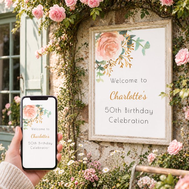 Affiche Rose gold floral verdure fête d'anniversaire de bi (Créateur téléchargé)