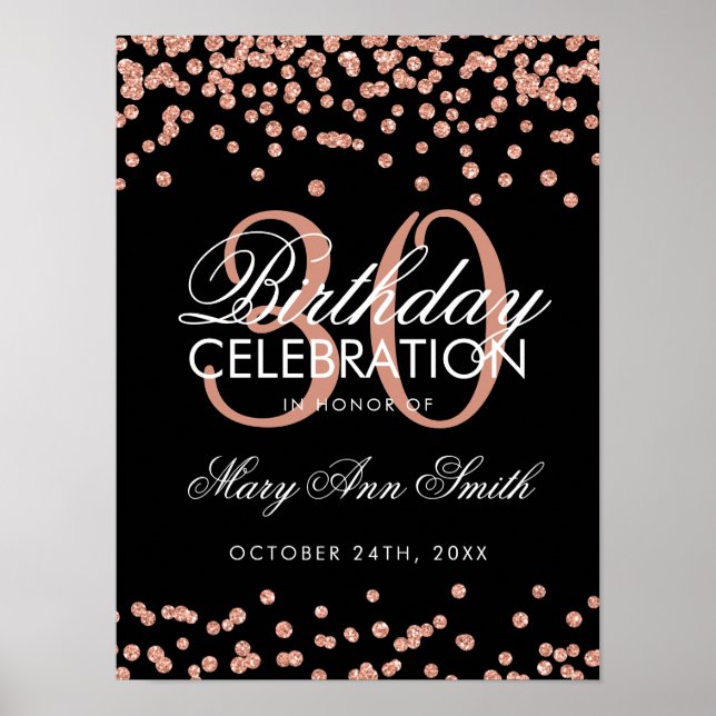 Affiche Rose Gold Glitter Confetti Black 30th Birthday (Devant)