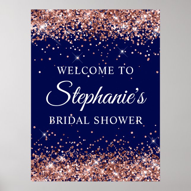 Affiche Rose Gold Glitter Navy Bridal Shower Welcome (Devant)