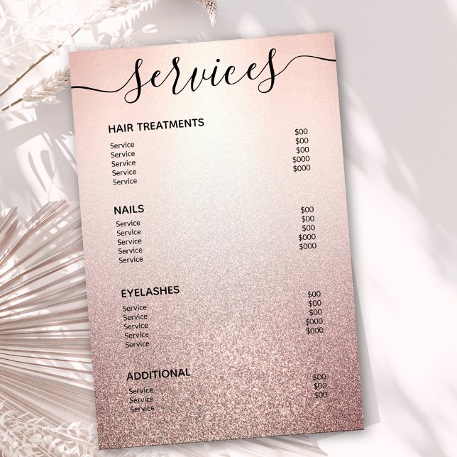 Affiche Rose Gold Glitter Ombre Salon Service Menu (Créateur téléchargé)