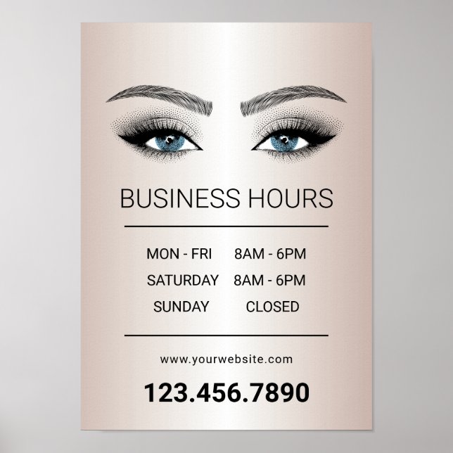 Affiche Rose Gold Lashes Brows Beauty Salon Heures d'ouver (Devant)