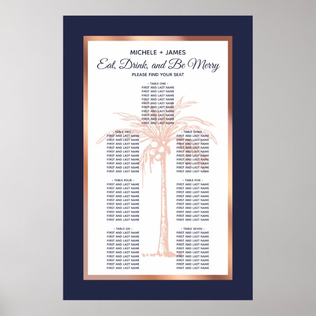 Affiche Rose Gold Marine Palm Tropical Mariage Seing Chart (Devant)
