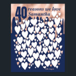 Affiche Rose Gold Navy 40th Birthday Gift - 40 Reasons<br><div class="desc">A gorgeous pink metallic rose gold drip effect 40th birthday poster. This fabulous gift idea is perfect to tell her 40 reason you love her. It makes a great guest book at a 40th birthday party - or get the family to fill it in as a present. Rose gold metal...</div>