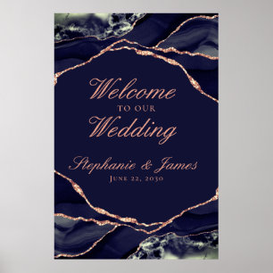 Affiche Rose Gold Navy Elégant Accueil de Mariage en Agate