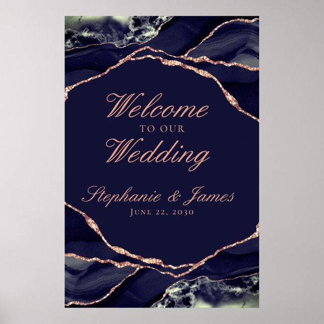 Affiche Rose Gold Navy Elégant Accueil de Mariage en Agate (Devant)