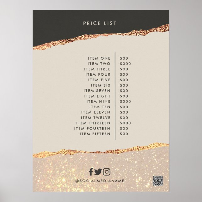 Affiche Rose gold noir élégant moderne girly prix code QR (Devant)