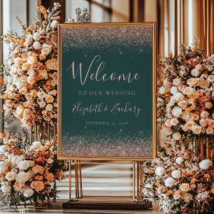 Affiche Rose Gold Pailleté Bienvenue Mariage Vert Foncé