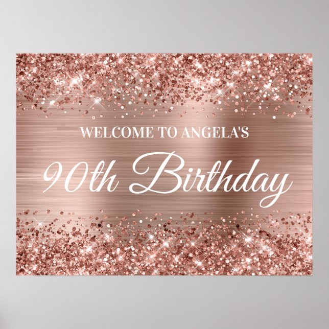 Affiche Rose Gold Pailleté et Feuille de 90e Anniversaire  (Devant)