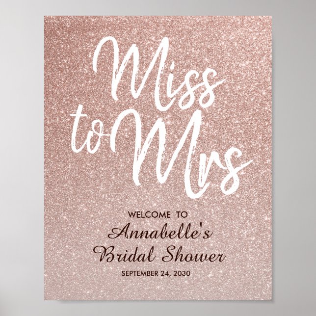 Affiche Rose Gold Pailleté Miss Mrs Bienvenue à la soirée  (Devant)