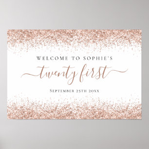 Affiche Rose Gold Pailleté Nom Date Bienvenue Script 21ème