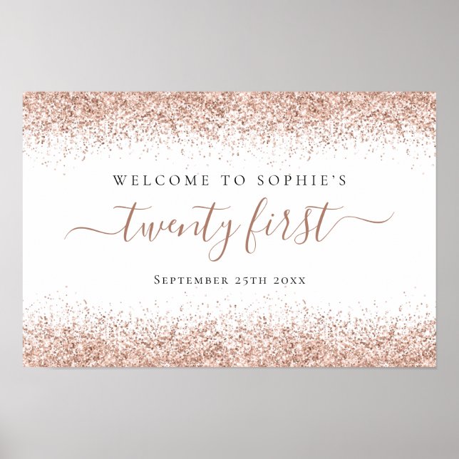 Affiche Rose Gold Pailleté Nom Date Bienvenue Script 21ème (Devant)