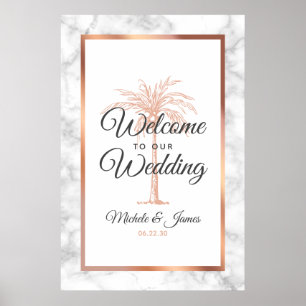 Affiche Rose Gold Palm Tree Marbre Mariage Bienvenue