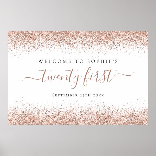 Affiche Rose Gold Parties scintillant Nom Date Welcome Scr (Devant)