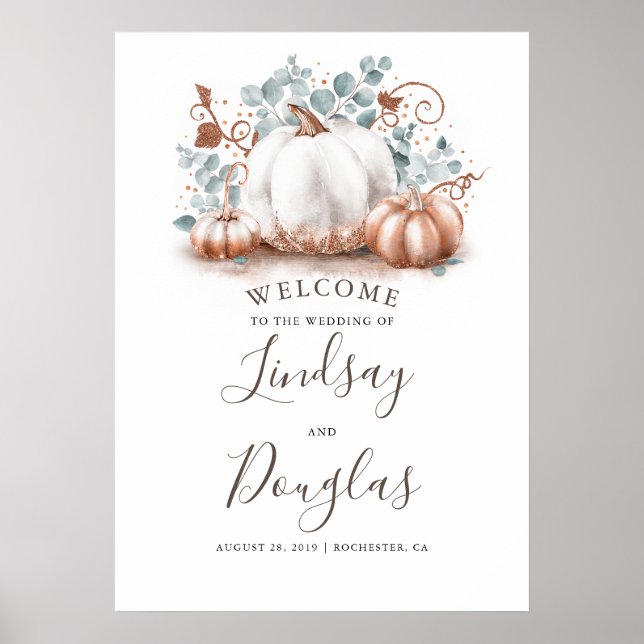 Affiche Rose Gold Pumpkins Fall Wedding Welcome Sign (Devant)