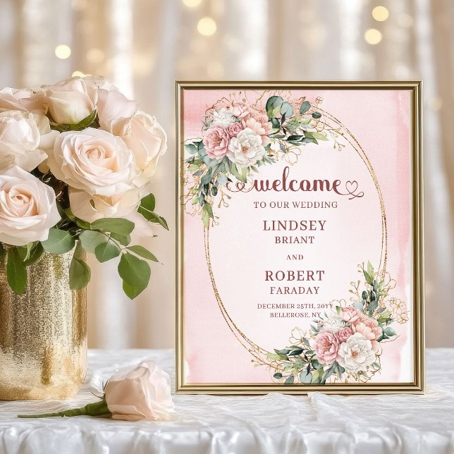 Affiche Rose Gold Romantique Fleurs Verdure Mariage Bienve (Romantic Rose Gold Flowers Greenery Wedding Welcome)