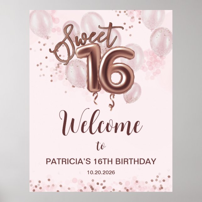 Affiche Rose Gold Sweet 16 Anniversaires Ballons Rose Affi (Devant)