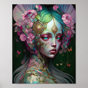 Affiche Rose Green Elf Fairy Femme Imaginaire Art