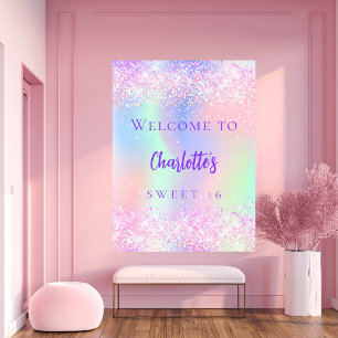Affiche Rose holographique violet doux 16 bienvenue