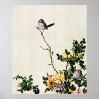 Rose jaune vintage et oiseaux Art Chinoiserie