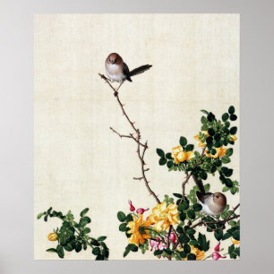 Affiche Rose jaune vintage et oiseaux Art Chinoiserie