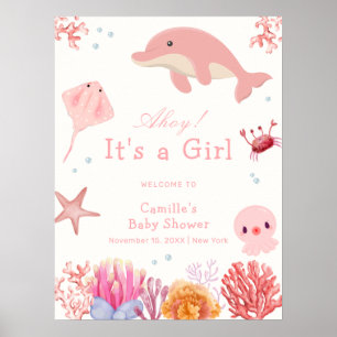 Affiche Rose mignon sous mer Baby shower Dauphin Bienvenue