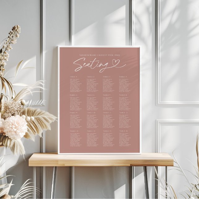 Affiche Rose moderne Dusty Script Mariage Seing Chart (Créateur téléchargé)