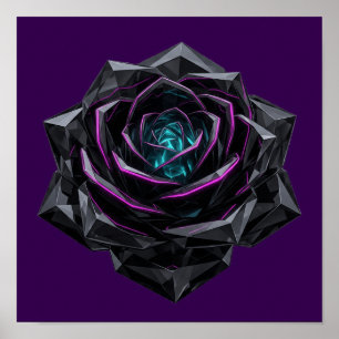 Affiche Rose noire en cristal 3D futuriste Néon Cyberpunk