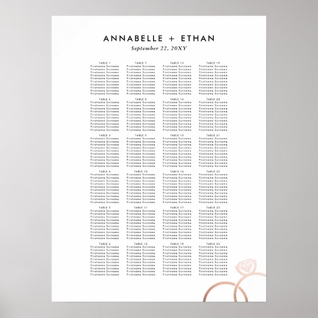 Affiche Rose Or Anneaux modernes Mariage Seing Chart (Devant)