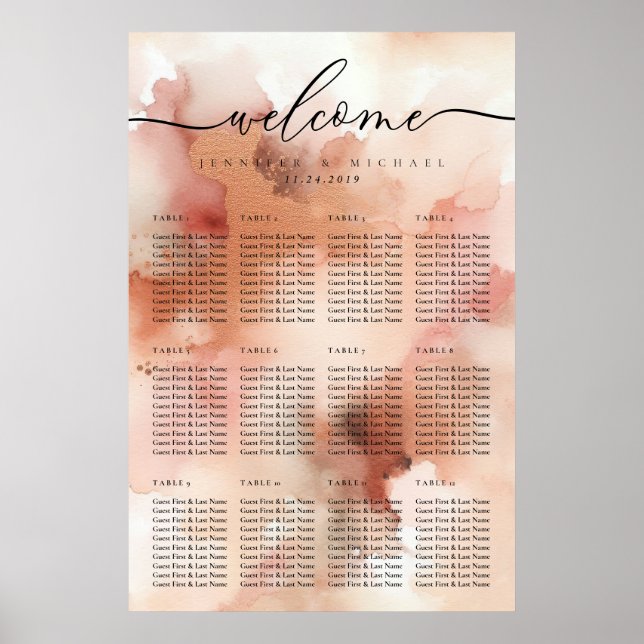 Affiche Rose or Aquarelle rose Mariage Numéro de table (Devant)