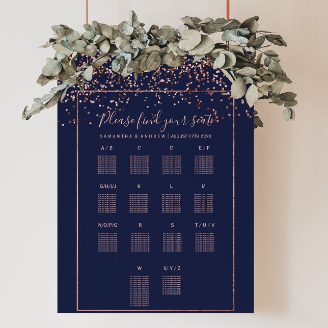 Affiche Rose or confetti marine bleu mariage (Rose gold confetti navy blue wedding seating chart)