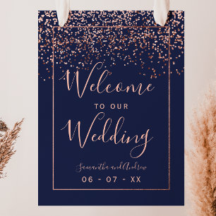 Affiche Rose or confetti marine bleu mariage bienvenue