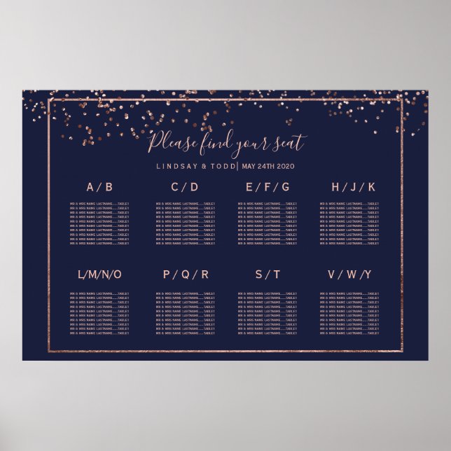 Affiche Rose or confetti marine bleu mariage table assise (Devant)