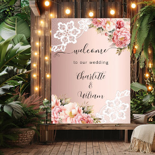 Affiche Rose or rose floraux dentelle mariage bienvenue