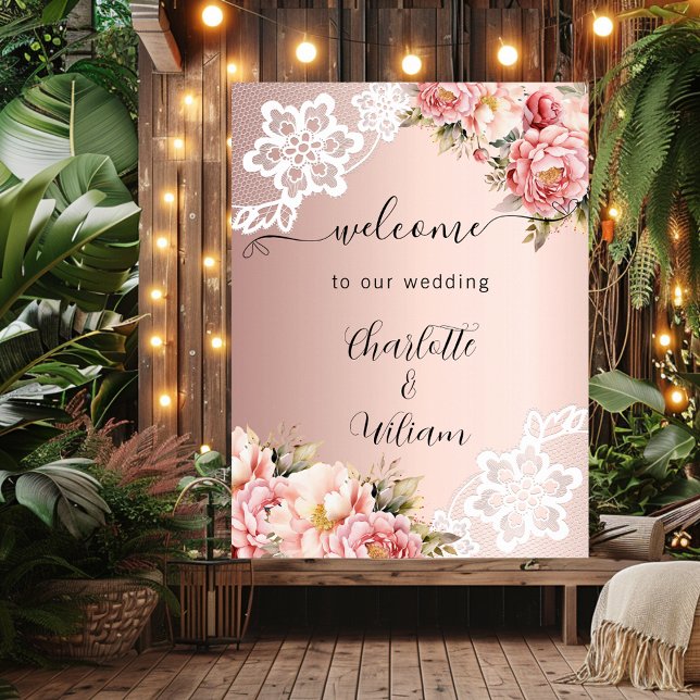Affiche Rose or rose floraux dentelle mariage bienvenue (Créateur téléchargé)