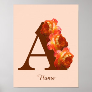 Affiche Rose orange Monogramme initial A Votre Nom