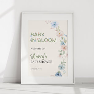 Affiche Rose Pâle Bleu Printemps Bébé en Fleur Baby Shower