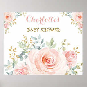 Affiche Rose Pâle Élégante Fleurs Dorées Baby Shower Anniv