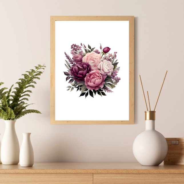 Affiche Rose Pivoines Fleur Floral Blanc Rose Violet  (Pink purple peonies and roses wall art poster print.  Elegant )