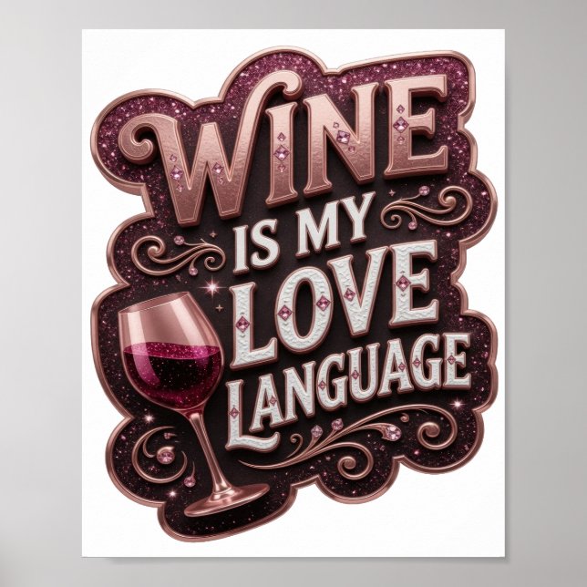 Affiche Rose poudré LE VIN EST MA LANGUE DE L'AMOUR (Devant)